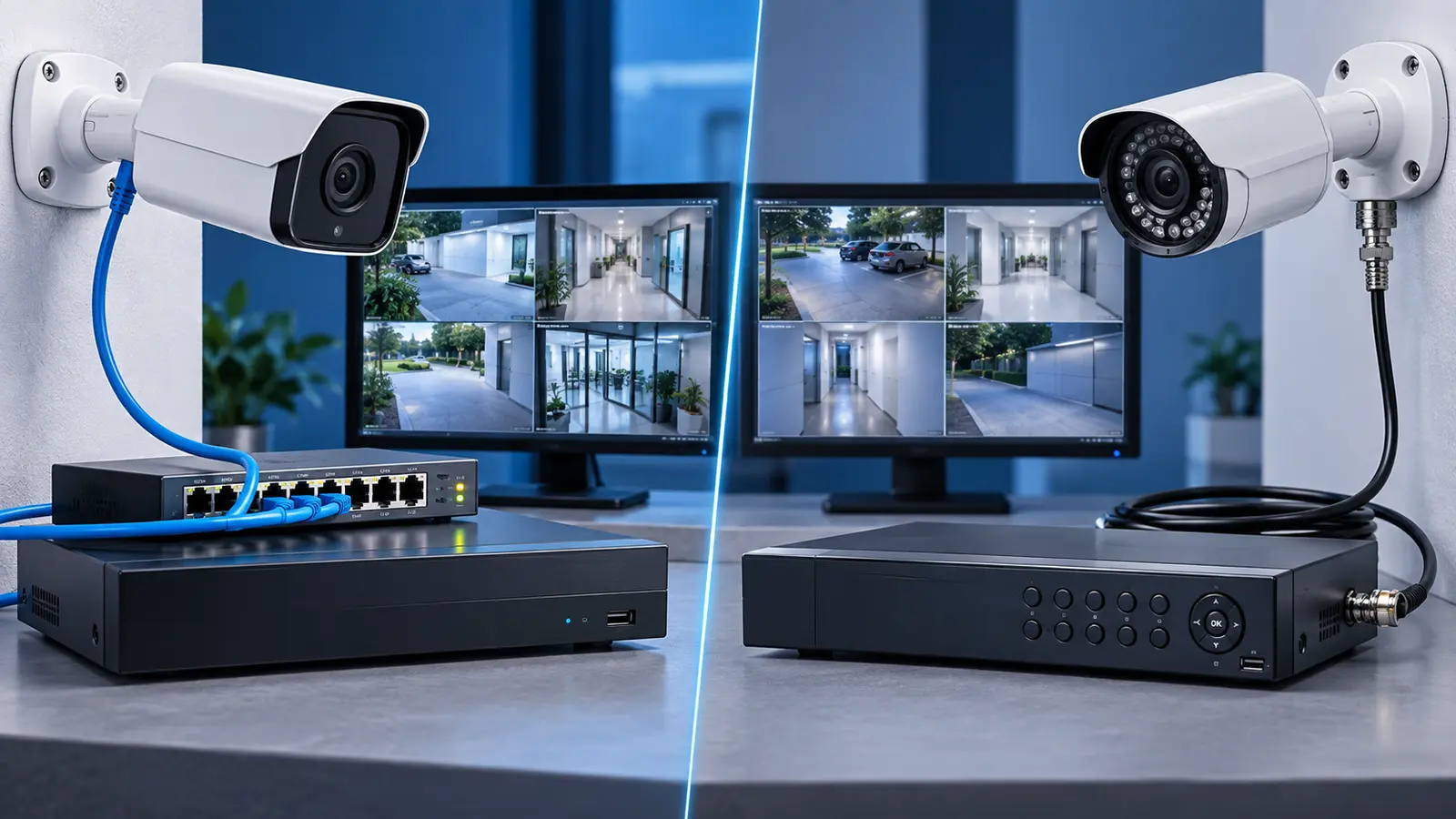 Comparação entre câmera IP conectada a NVR e câmera analógica conectada a DVR