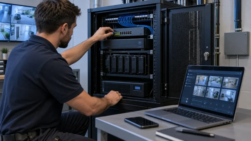 écnico configurando NVR, switch de rede, armazenamento e nobreak de um sistema de CFTV