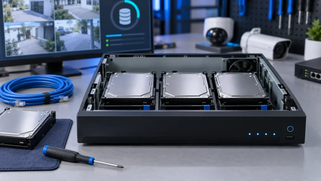NVR com discos rígidos para armazenamento de imagens de câmeras de segurança
