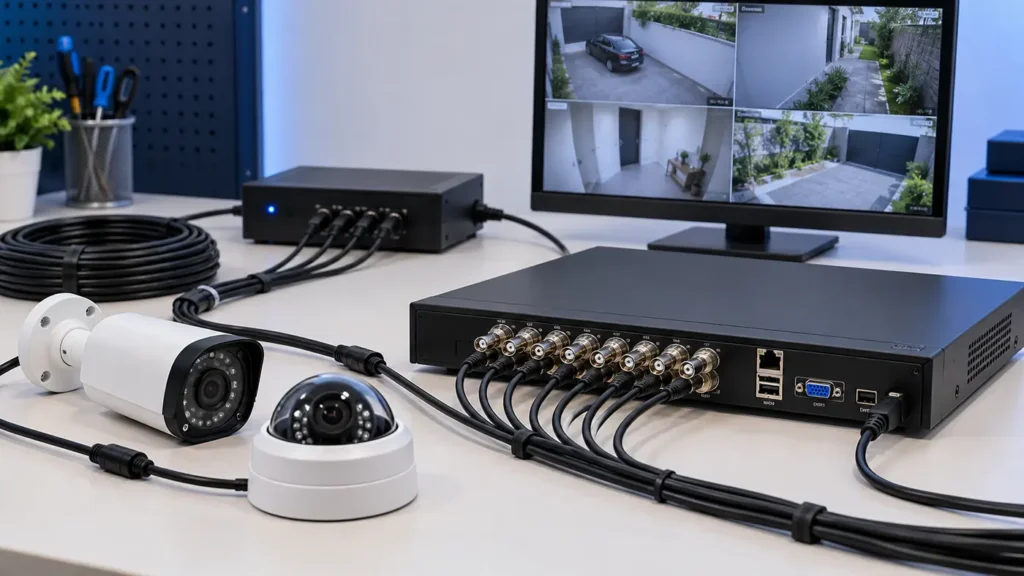 Sistema de câmeras analógicas HD conectadas a um DVR por cabos coaxiais