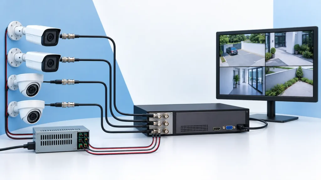 Sistema de câmeras analógicas HD conectadas por cabo coaxial a um DVR