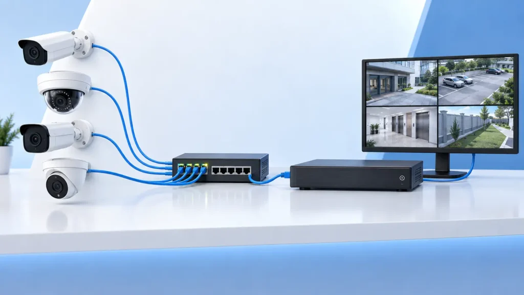 Sistema de câmeras IP conectadas a um switch PoE e a um NVR